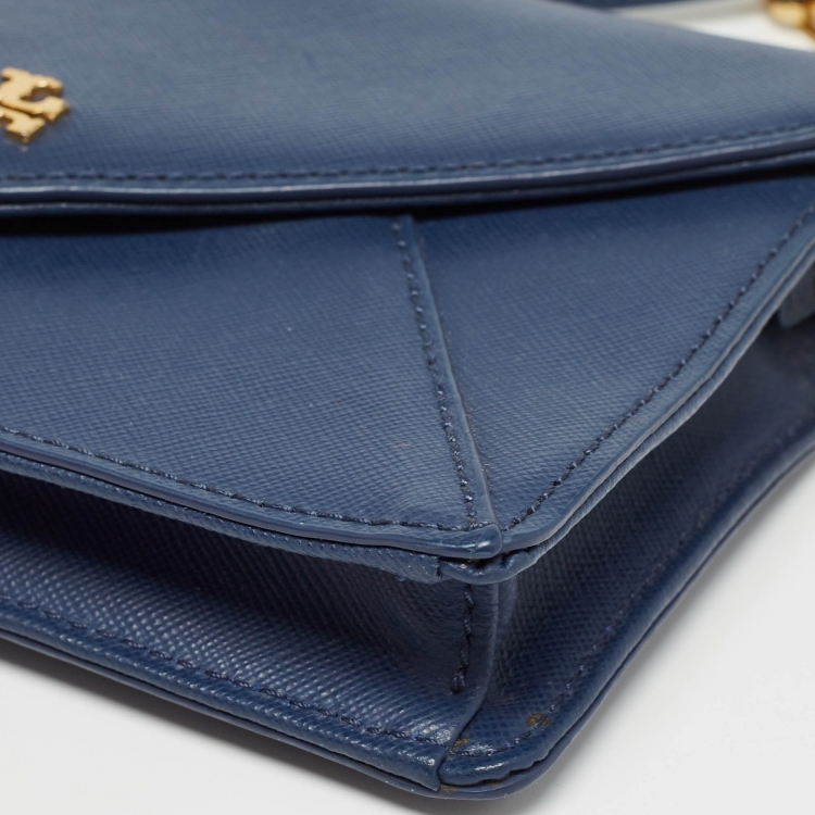 Pre Owned Tory Burch Navy Blue Leather Kira Envelope Flap Chain Clutch