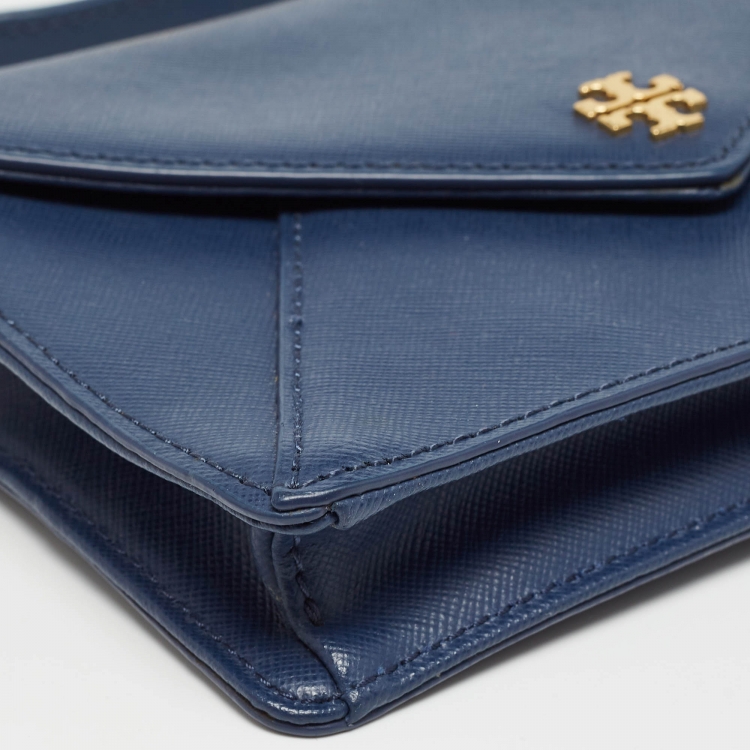 Pre Owned Tory Burch Navy Blue Leather Kira Envelope Flap Chain Clutch
