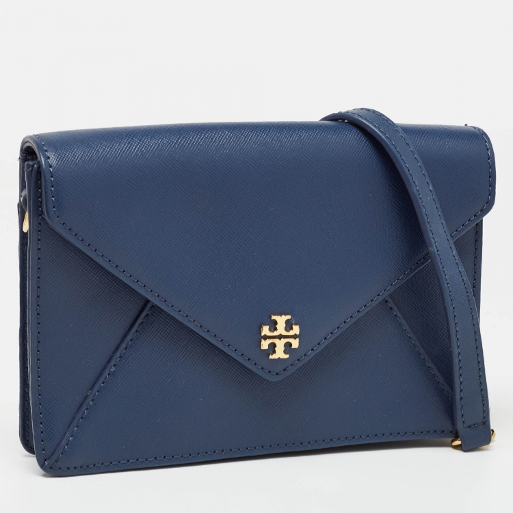 Pre Owned Tory Burch Navy Blue Leather Kira Envelope Flap Chain Clutch