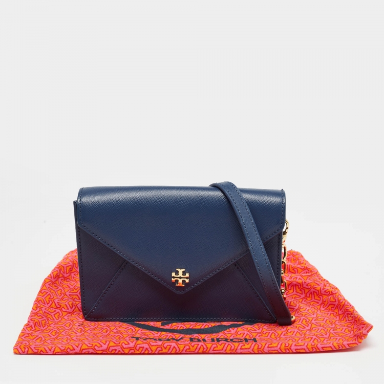Pre Owned Tory Burch Navy Blue Leather Kira Envelope Flap Chain Clutch