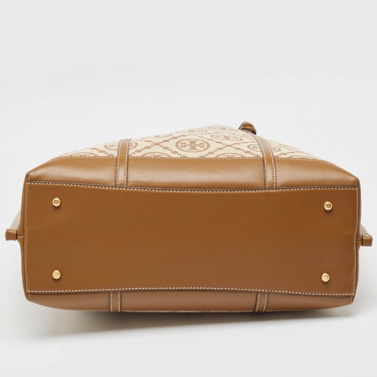 Pre Owned Tory Burch Tan/Beige Canvas Logo Triple-Compartment Perry Tote