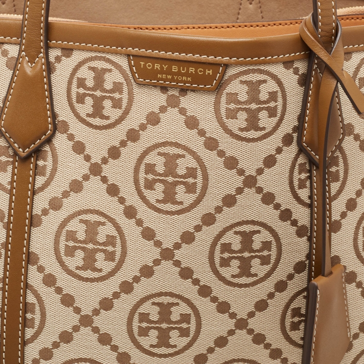 Pre Owned Tory Burch Tan/Beige Canvas Logo Triple-Compartment Perry Tote