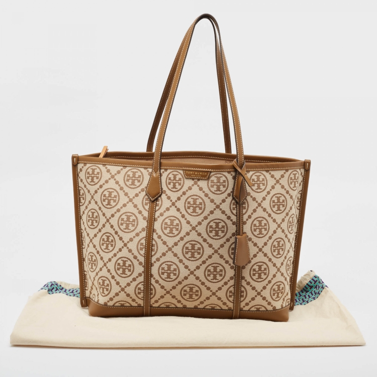 Pre Owned Tory Burch Tan/Beige Canvas Logo Triple-Compartment Perry Tote