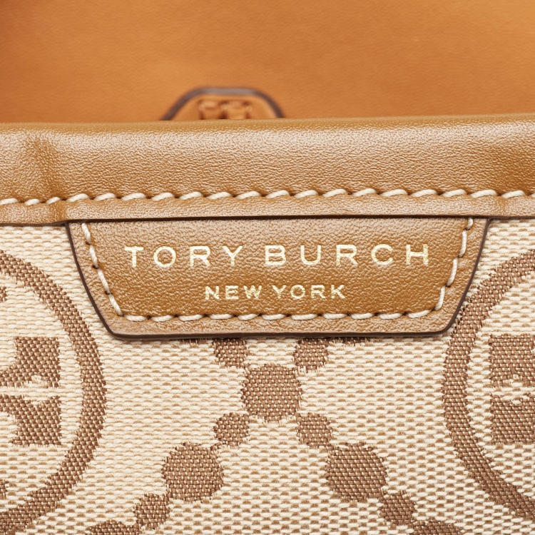 Pre Owned Tory Burch Tan/Beige Canvas Logo Triple-Compartment Perry Tote