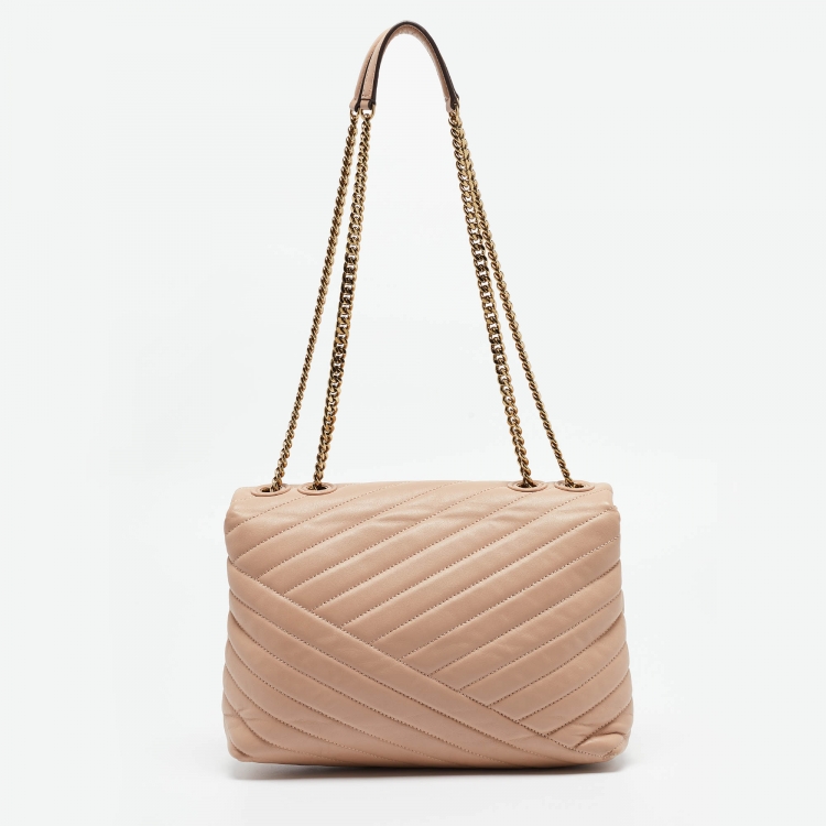 Pre Owned Tory Burch Beige Chevron Leather Kira Shoulder Bag