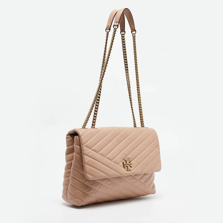 Pre Owned Tory Burch Beige Chevron Leather Kira Shoulder Bag