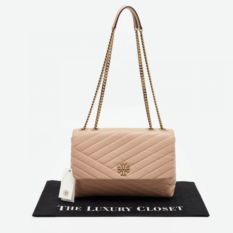Pre Owned Tory Burch Beige Chevron Leather Kira Shoulder Bag