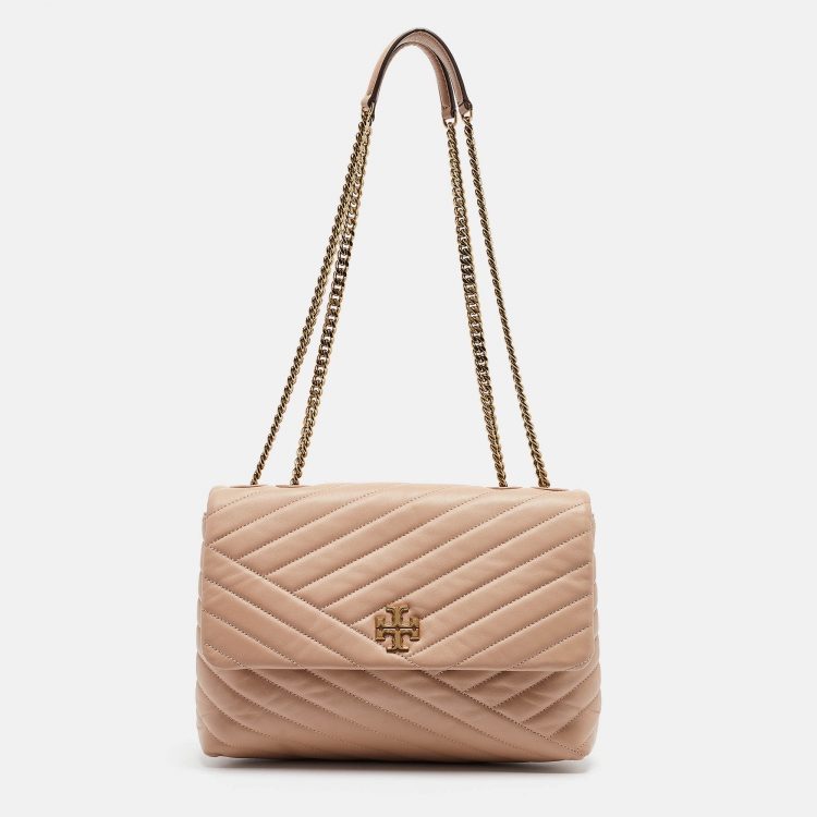 Pre Owned Tory Burch Beige Chevron Leather Kira Shoulder Bag