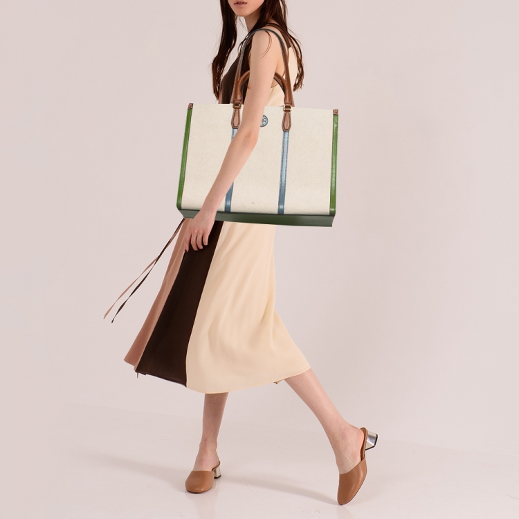Pre Owned Tory Burch Tricolor Canvas and Leather Blake Shopper Tote
