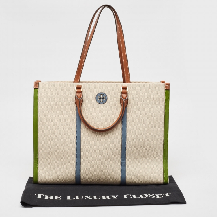 Pre Owned Tory Burch Tricolor Canvas and Leather Blake Shopper Tote