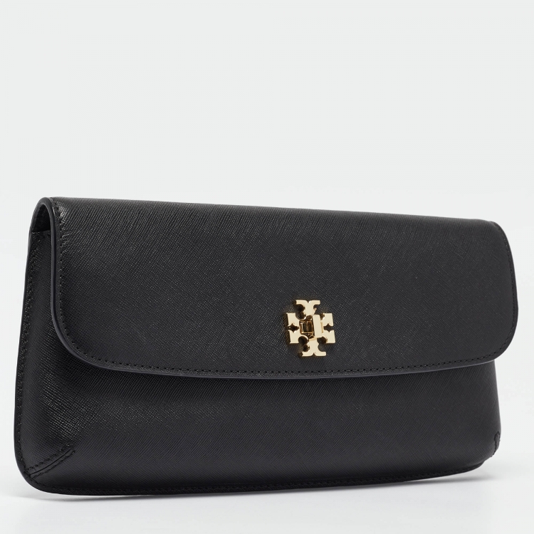 Pre Owned Tory Burch Black Leather Slim Diana Flap Clutch