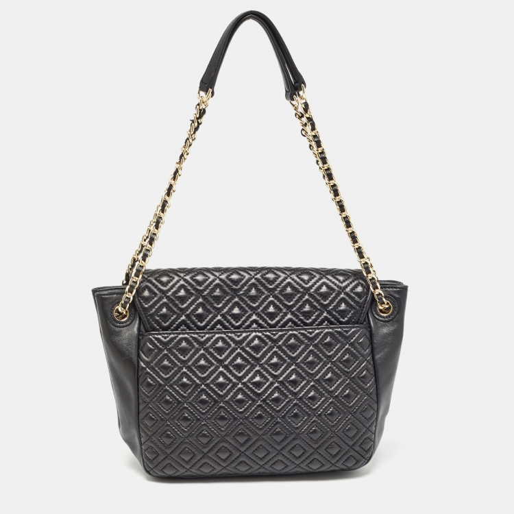 Pre Owned Tory Burch Black Quilted Leather Marion Flap Shoulder Bag