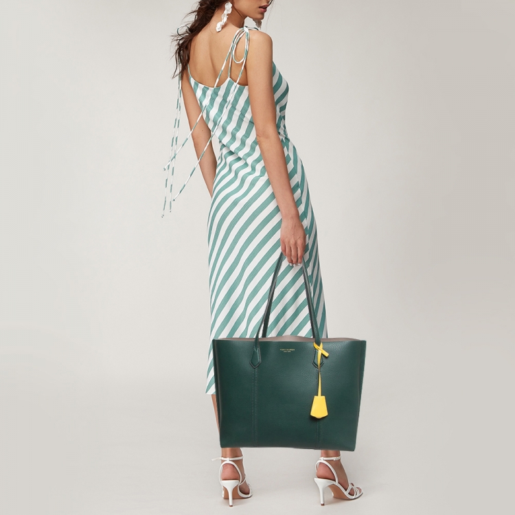 Pre Owned Tory Burch Green Leather Triple Compartment Perry Tote