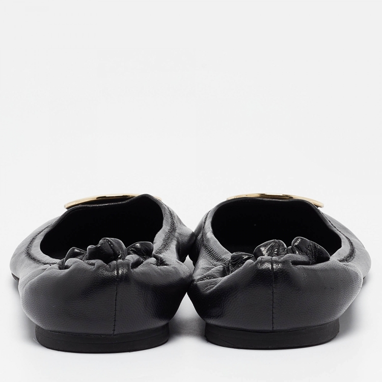 Pre Owned Tory Burch Black Leather Minnie Ballet Flats Size 41