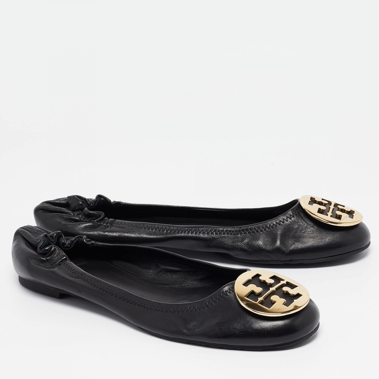 Pre Owned Tory Burch Black Leather Minnie Ballet Flats Size 41