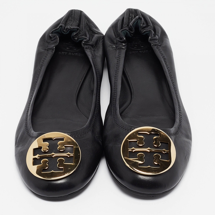 Pre Owned Tory Burch Black Leather Minnie Ballet Flats Size 41