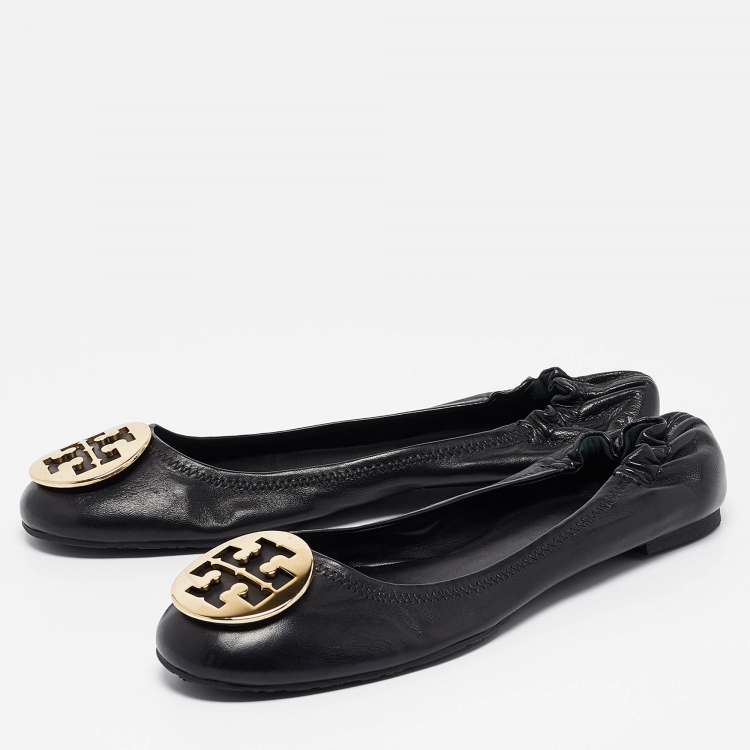 Pre Owned Tory Burch Black Leather Minnie Ballet Flats Size 41