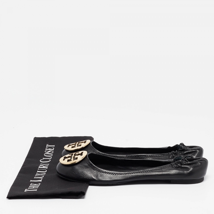 Pre Owned Tory Burch Black Leather Minnie Ballet Flats Size 41