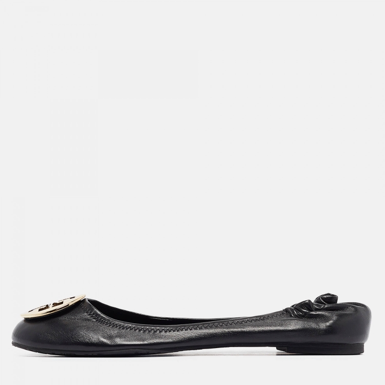 Pre Owned Tory Burch Black Leather Minnie Ballet Flats Size 41