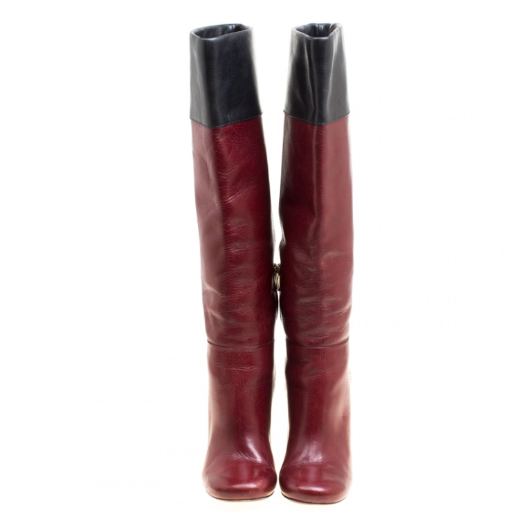 Pre Owned Tory Burch Two Tone Color Block Leather Alicia Mid Calf Boots Size 39