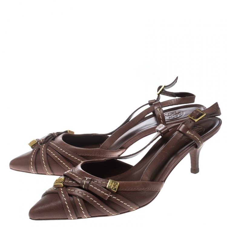 Pre Owned Tory Burch Brown Leather Bow Pointed Toe Slingback Sandals Size 38