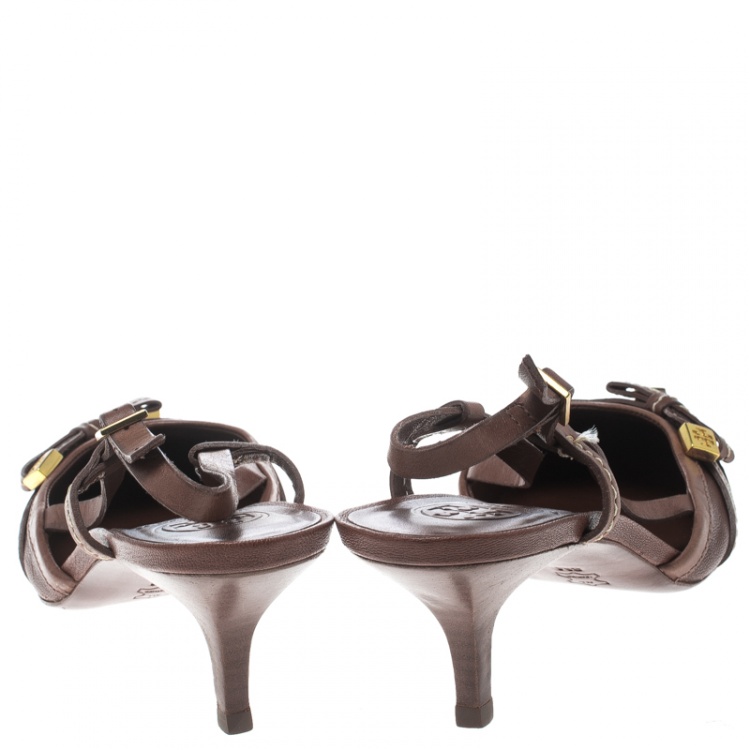 Pre Owned Tory Burch Brown Leather Bow Pointed Toe Slingback Sandals Size 38