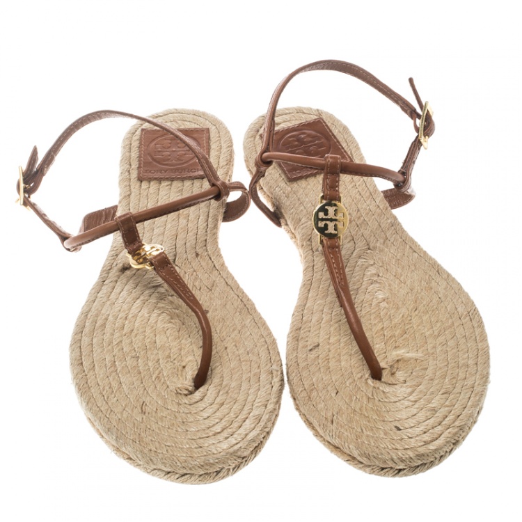 Pre Owned Tory Burch Brown Leather Emmy Flat Espadrilles Thong Sandals Size 38