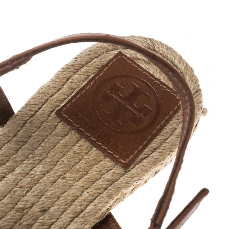 Pre Owned Tory Burch Brown Leather Emmy Flat Espadrilles Thong Sandals Size 38