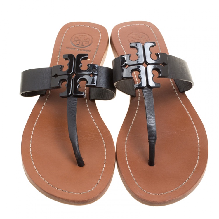Pre Owned Tory Burch Black Leather Moore Flat Thong Sandals Size 39