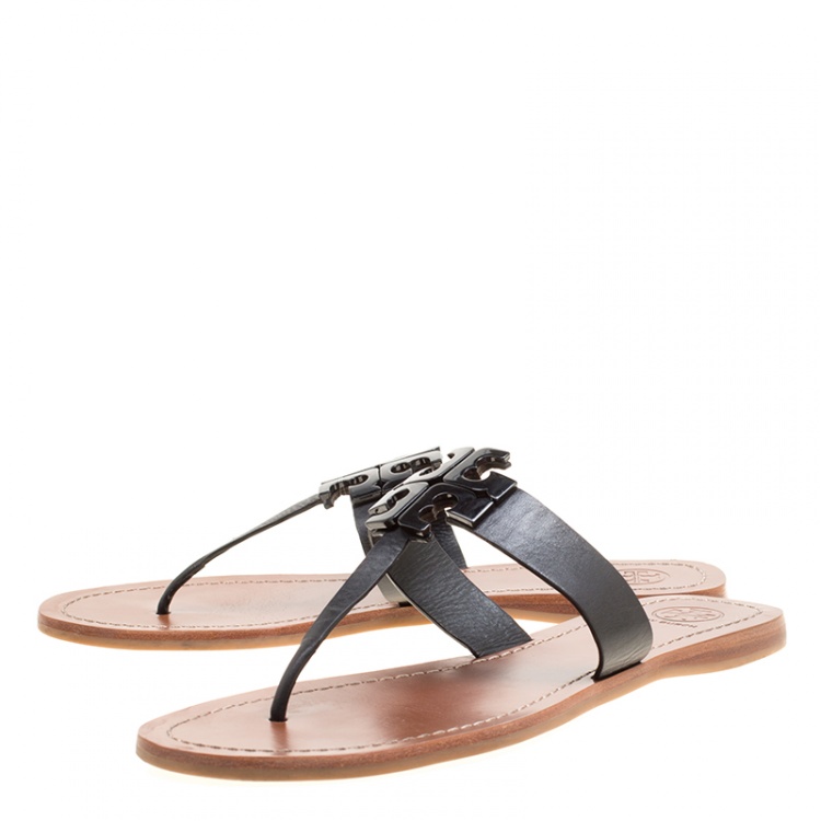 Pre Owned Tory Burch Black Leather Moore Flat Thong Sandals Size 39