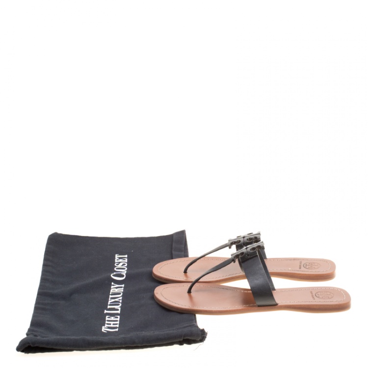 Pre Owned Tory Burch Black Leather Moore Flat Thong Sandals Size 39