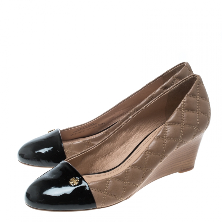 Pre Owned Tory Burch Beige/Black Leather Claremont Cap Toe Wedge Sandals Size 38.5