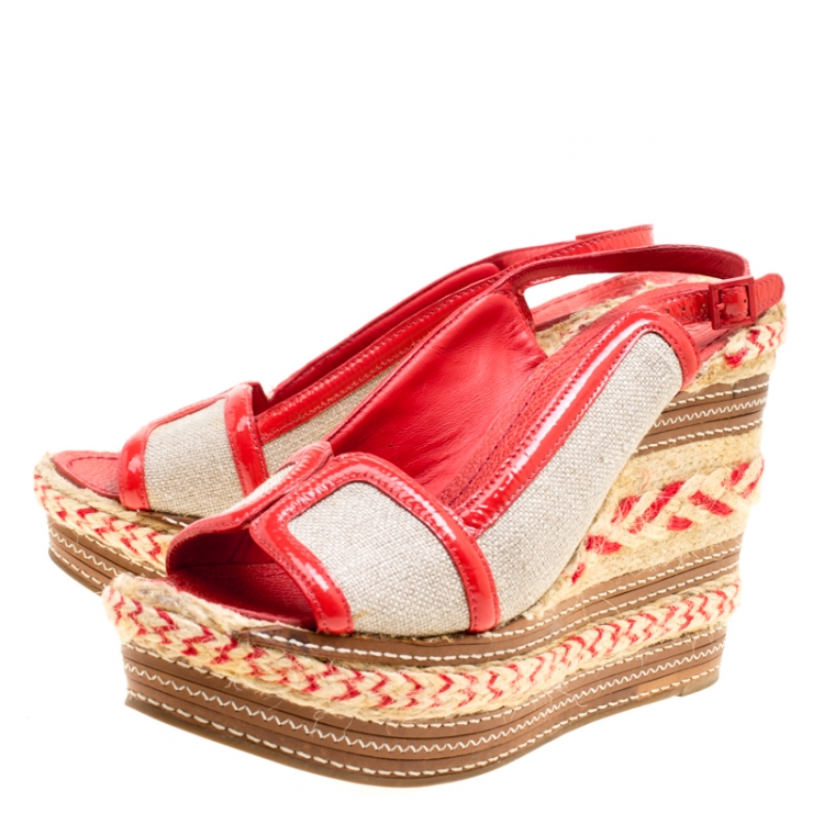 Pre Owned Tory Burch Beige/Red Canvas and Patent Leather Breacher Slingback Espadrille Wedge Sandals Size 39.5