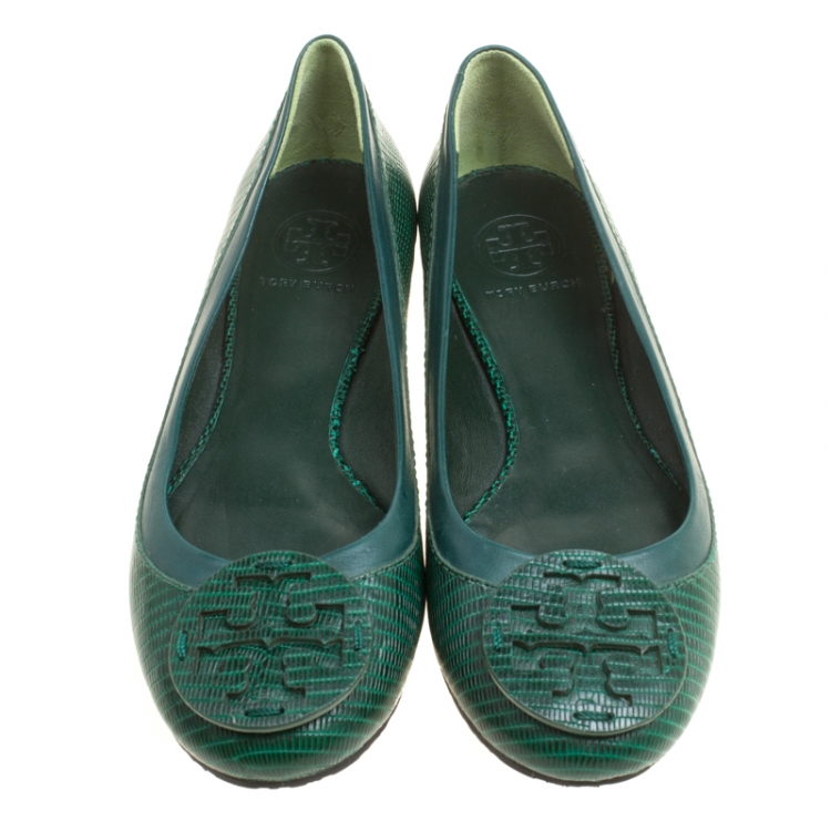 Pre Owned Tory Burch Green Lizard Embossed Leather Reva Ballet Flats Size 38.5