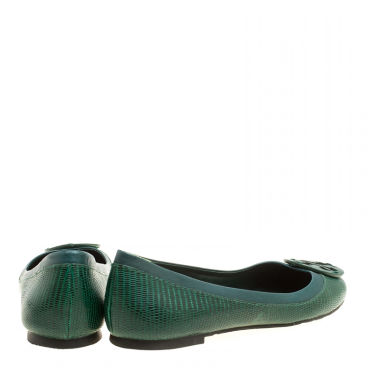 Pre Owned Tory Burch Green Lizard Embossed Leather Reva Ballet Flats Size 38.5