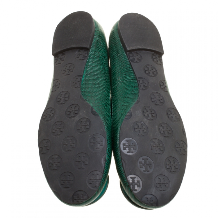 Pre Owned Tory Burch Green Lizard Embossed Leather Reva Ballet Flats Size 38.5