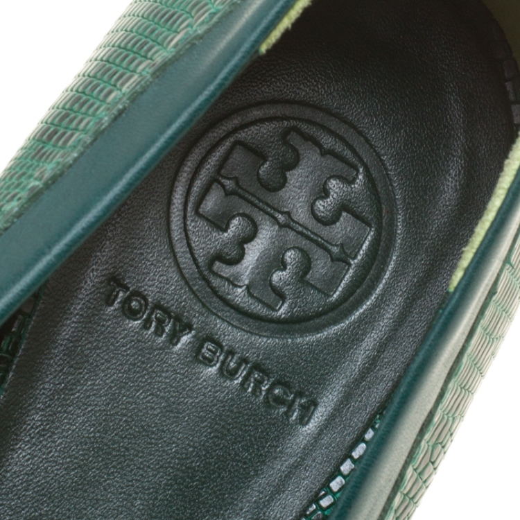 Pre Owned Tory Burch Green Lizard Embossed Leather Reva Ballet Flats Size 38.5