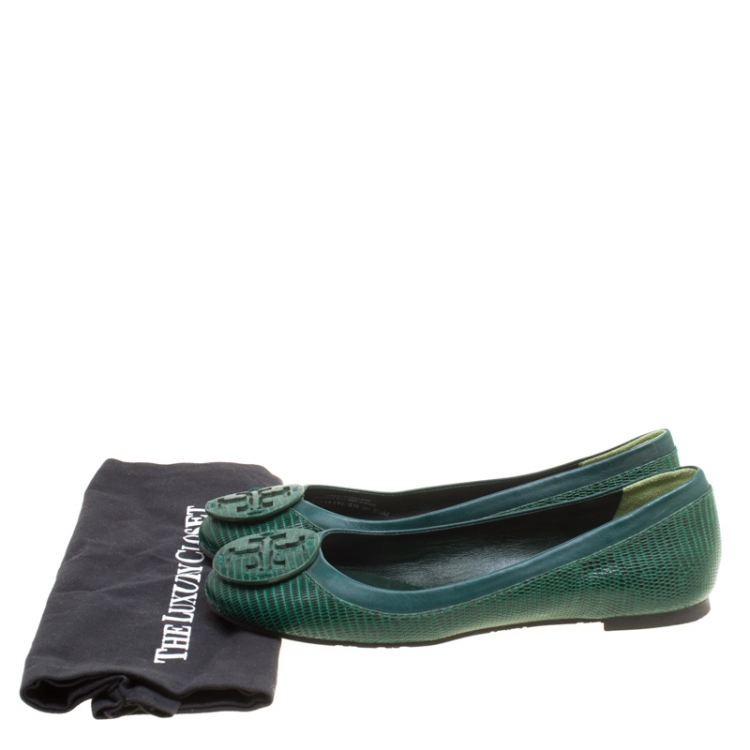 Pre Owned Tory Burch Green Lizard Embossed Leather Reva Ballet Flats Size 38.5