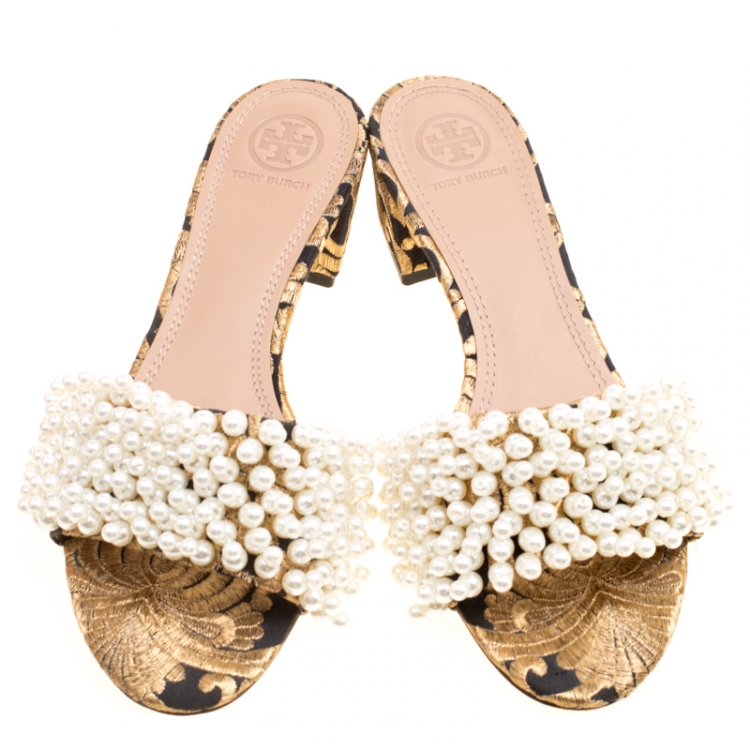 Pre Owned Tory Burch Black/Gold Embroidered Fabric Tatiana Pearl Sandals Size 37.5