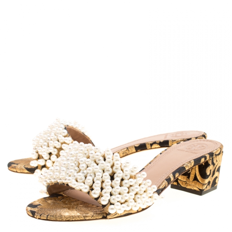 Pre Owned Tory Burch Black/Gold Embroidered Fabric Tatiana Pearl Sandals Size 37.5