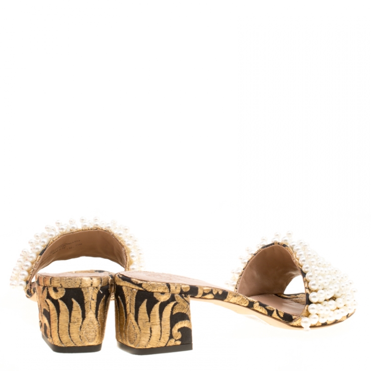 Pre Owned Tory Burch Black/Gold Embroidered Fabric Tatiana Pearl Sandals Size 37.5