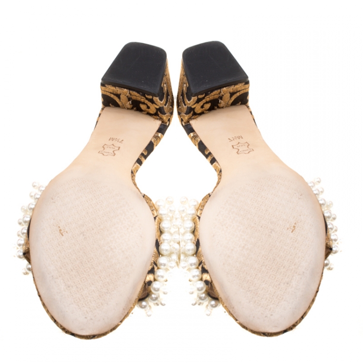 Pre Owned Tory Burch Black/Gold Embroidered Fabric Tatiana Pearl Sandals Size 37.5