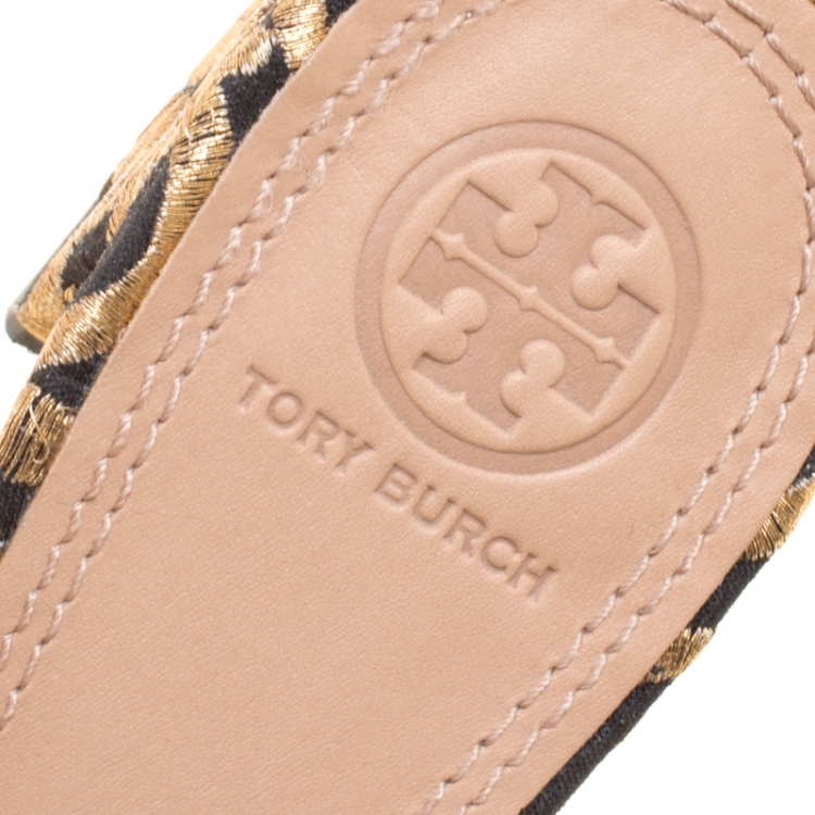 Pre Owned Tory Burch Black/Gold Embroidered Fabric Tatiana Pearl Sandals Size 37.5