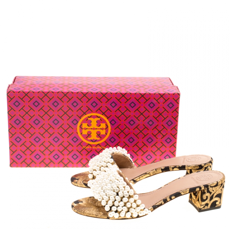 Pre Owned Tory Burch Black/Gold Embroidered Fabric Tatiana Pearl Sandals Size 37.5