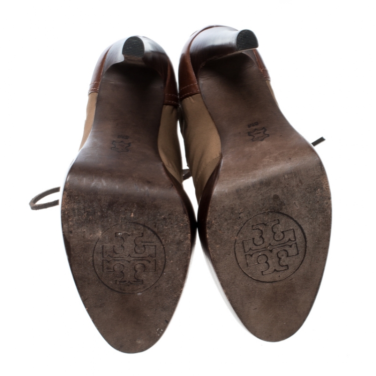 مملوكة مسبقًا Tory Burch Khaki Nylon and Leather Lace Up Heel Boots Size 38