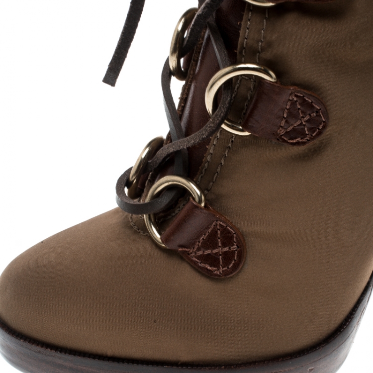 مملوكة مسبقًا Tory Burch Khaki Nylon and Leather Lace Up Heel Boots Size 38