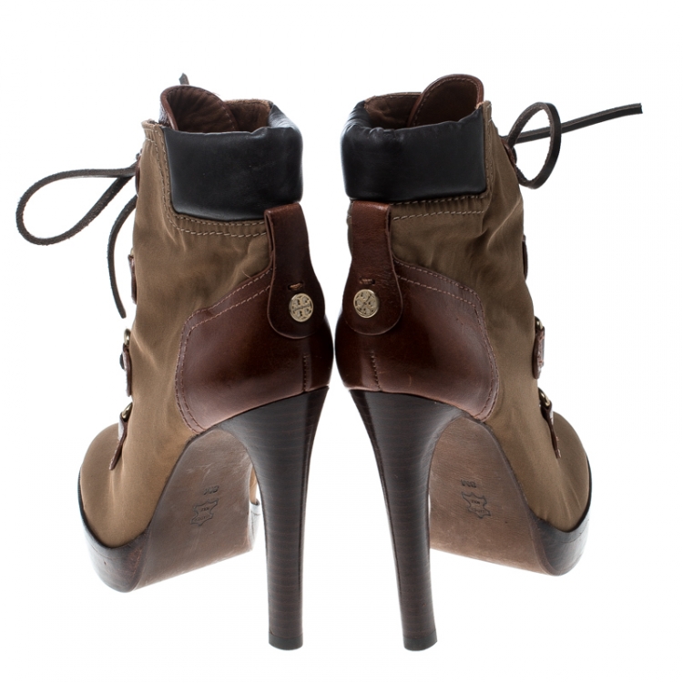 مملوكة مسبقًا Tory Burch Khaki Nylon and Leather Lace Up Heel Boots Size 38