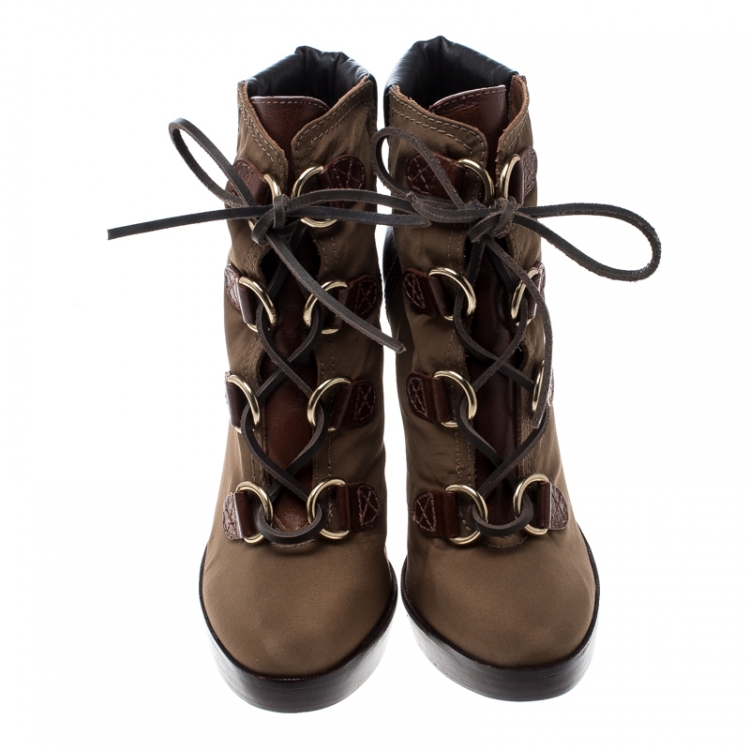 مملوكة مسبقًا Tory Burch Khaki Nylon and Leather Lace Up Heel Boots Size 38