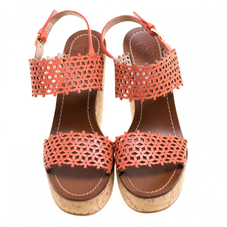 Pre Owned Tory Burch Coral Red Perforated Leather Daisy Cork Wedge Sandals Size 39.5
