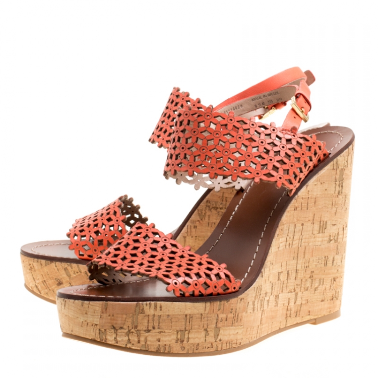 Pre Owned Tory Burch Coral Red Perforated Leather Daisy Cork Wedge Sandals Size 39.5